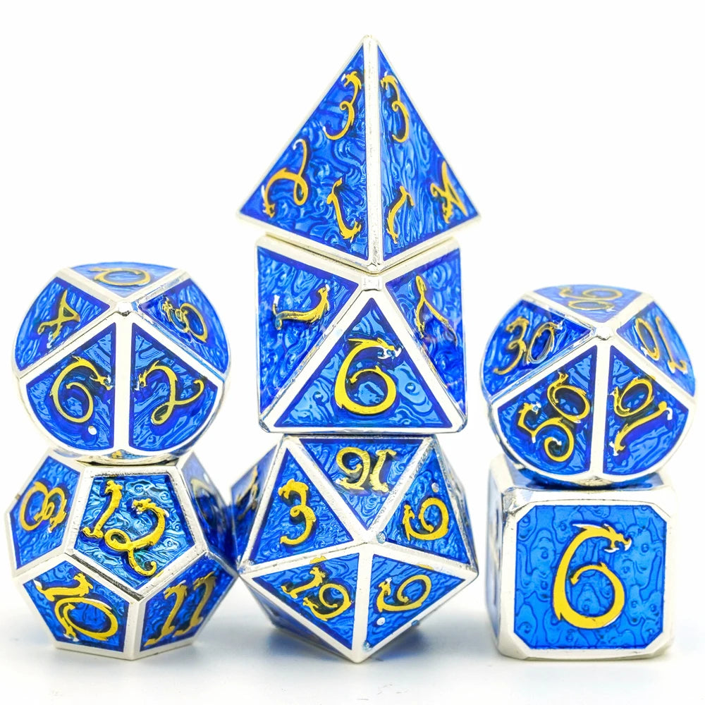 Dragon Font Metal Dice - Silvered Blue