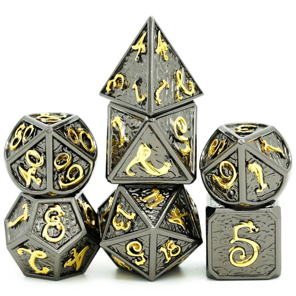 Dragon Font Metal Dice - Black Gold