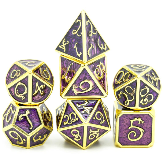 Dragon Font Metal Dice - Golden Purple