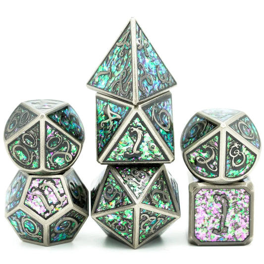 Dragon Font Metal Dice - Silver Prism