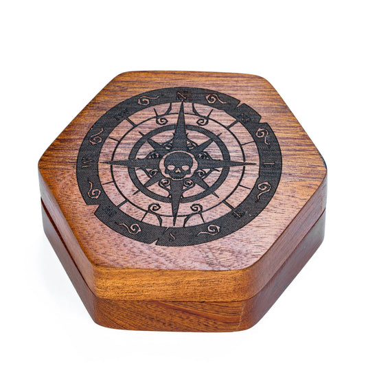 Hexagon Wooden Dice Box - Compass