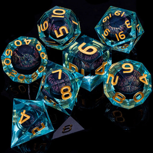 Eye of Cthulhu Resin Dice - Teal Resin w/ Mixed Pink Eyes