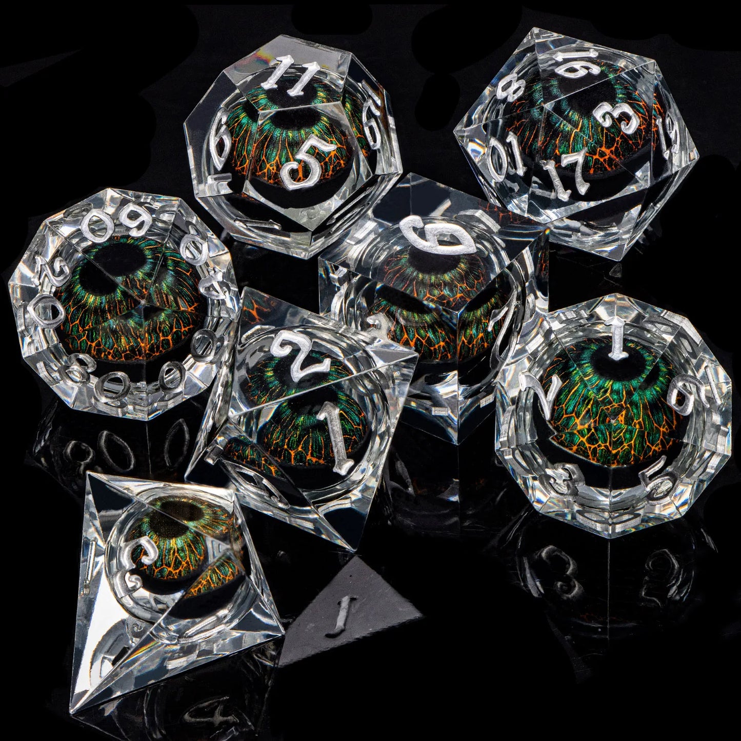 Eye of Cthulhu Resin Dice - Clear Resin w/ Green Eyes