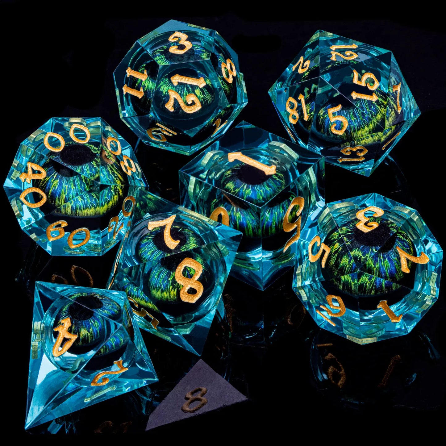 Eye of Cthulhu Resin Dice - Blue Resin w/ Blue Green Eyes