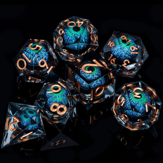 Eye of Cthulhu Resin Dice - Clear Resin w/ Blue Eyes