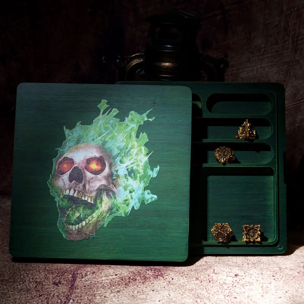 Wooden Dice Case and Tray - Skull