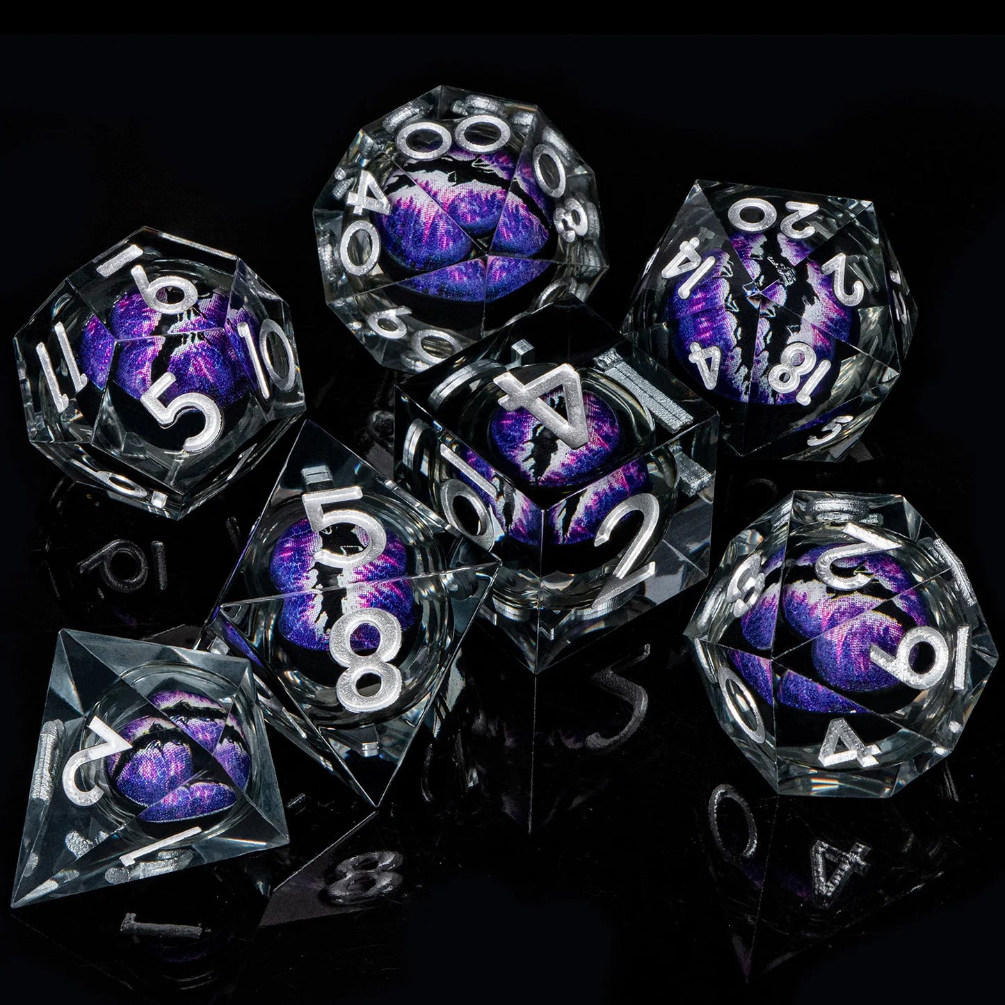 Eye of Cthulhu Resin Dice - Clear Resin w/ Sharp Purple Eyes