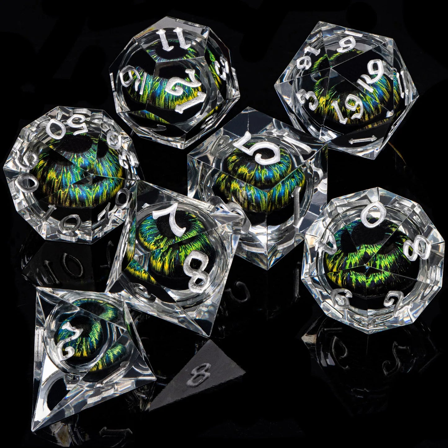 Eye of Cthulhu Resin Dice - Clear Resin w/ Mixed Green Eyes