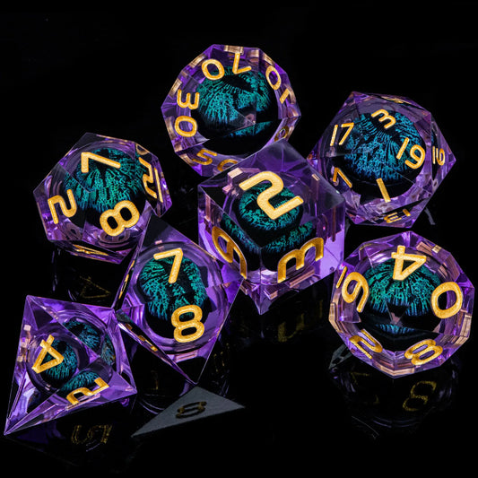 Eye of Cthulhu Resin Dice - Purple Resin w/ Sharp Green Eyes