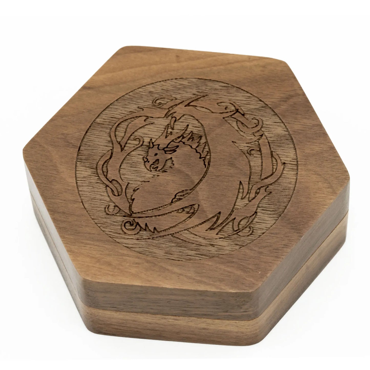 Hexagon Walnut  Wooden Dice Box - Flying Dragon